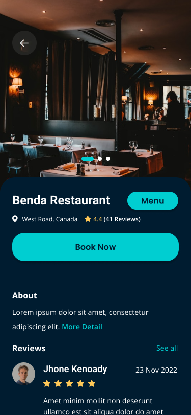 BLISSe venue business page prototype screen